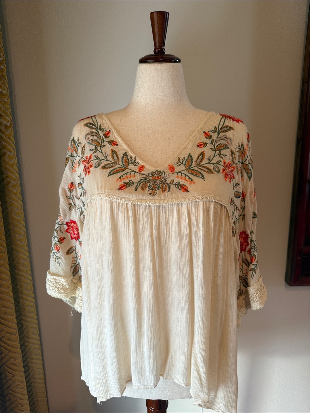 Ranna Gill Cream Boho Embroidered V-Neck Blouse with Red Floral Accents